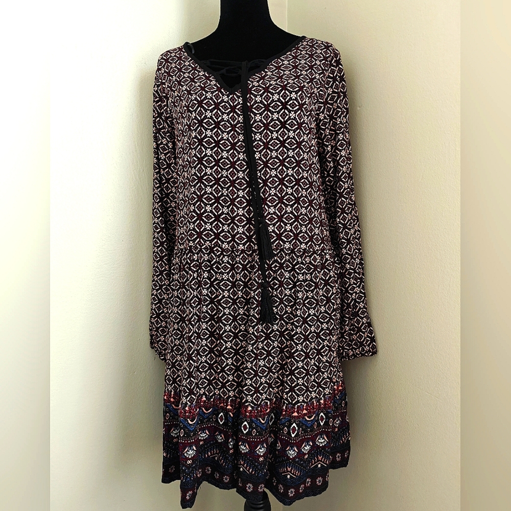Tunic dress l/s sz 40 EU 10 Us maroon black print swing